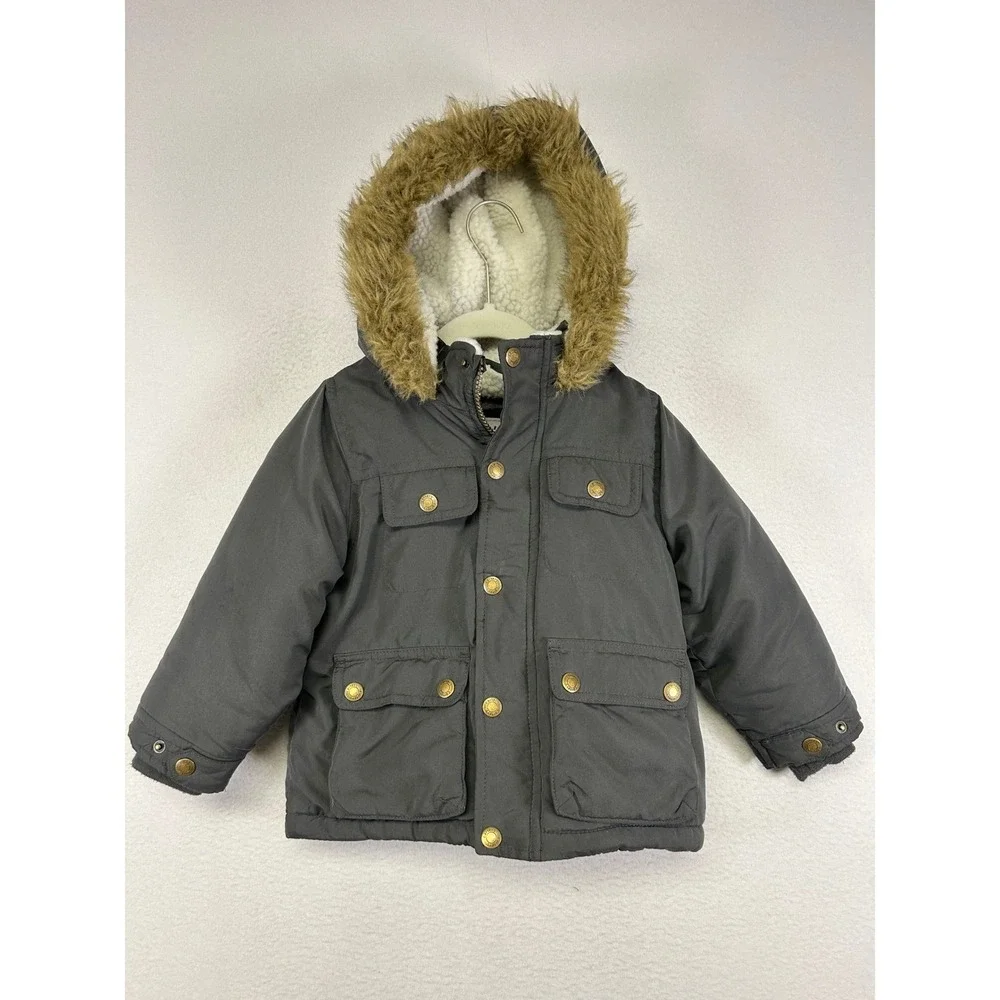 Winter Gorpcore‎ Carters Kids 24M Grey Sherpa Lined Faux Fur Hooded Parka Jacket